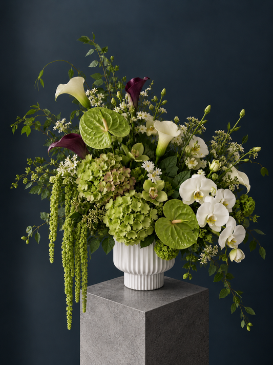 Bottega Veneta Inspired Floral Arrangement - calla, hydrangea, amaranthus, anthurium