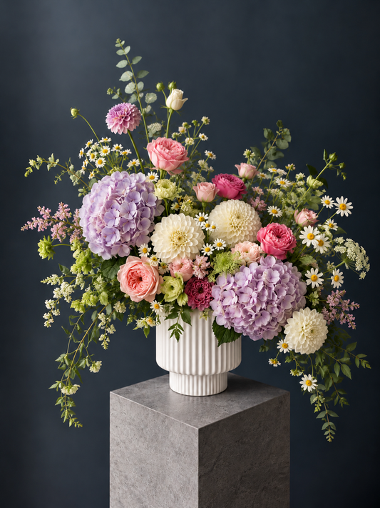 Prada Inspired Floral Arrangement - dahlia, peony roses, matricaria, hydrangea