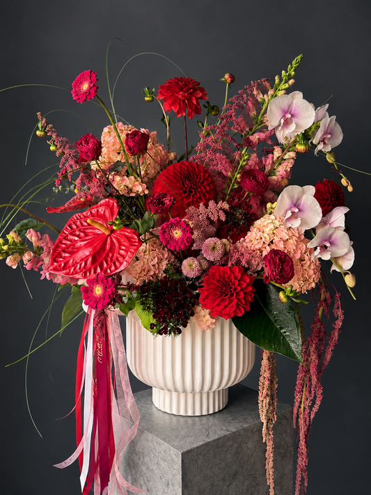 Cartier Inspired Floral Arrangement - anthurium, orchid, dahlia, gerbera