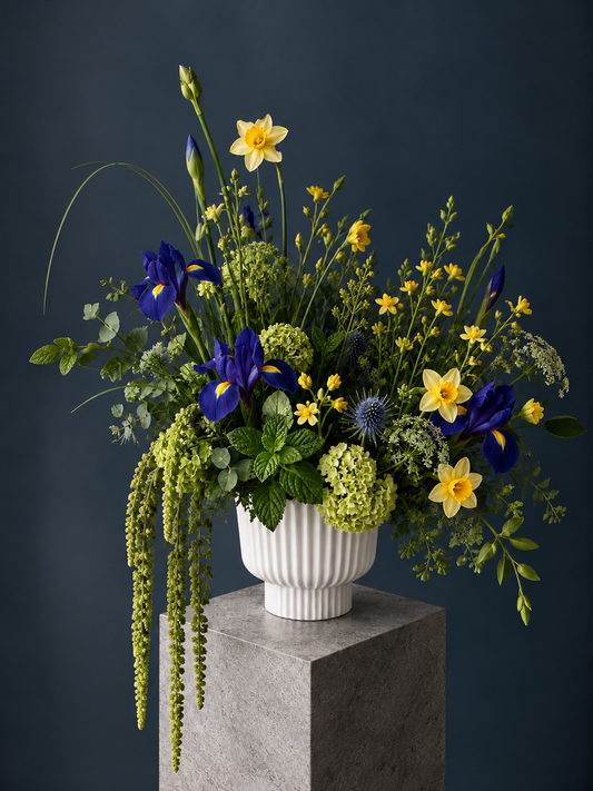 Rolex Inspired Floral Arrangement -iris, amaranthus, daffodil, mint