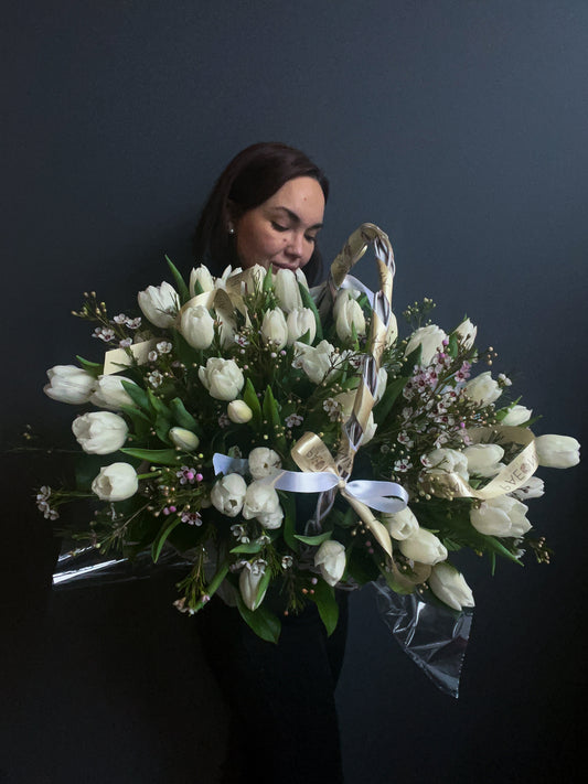 Single tulips + waxflower