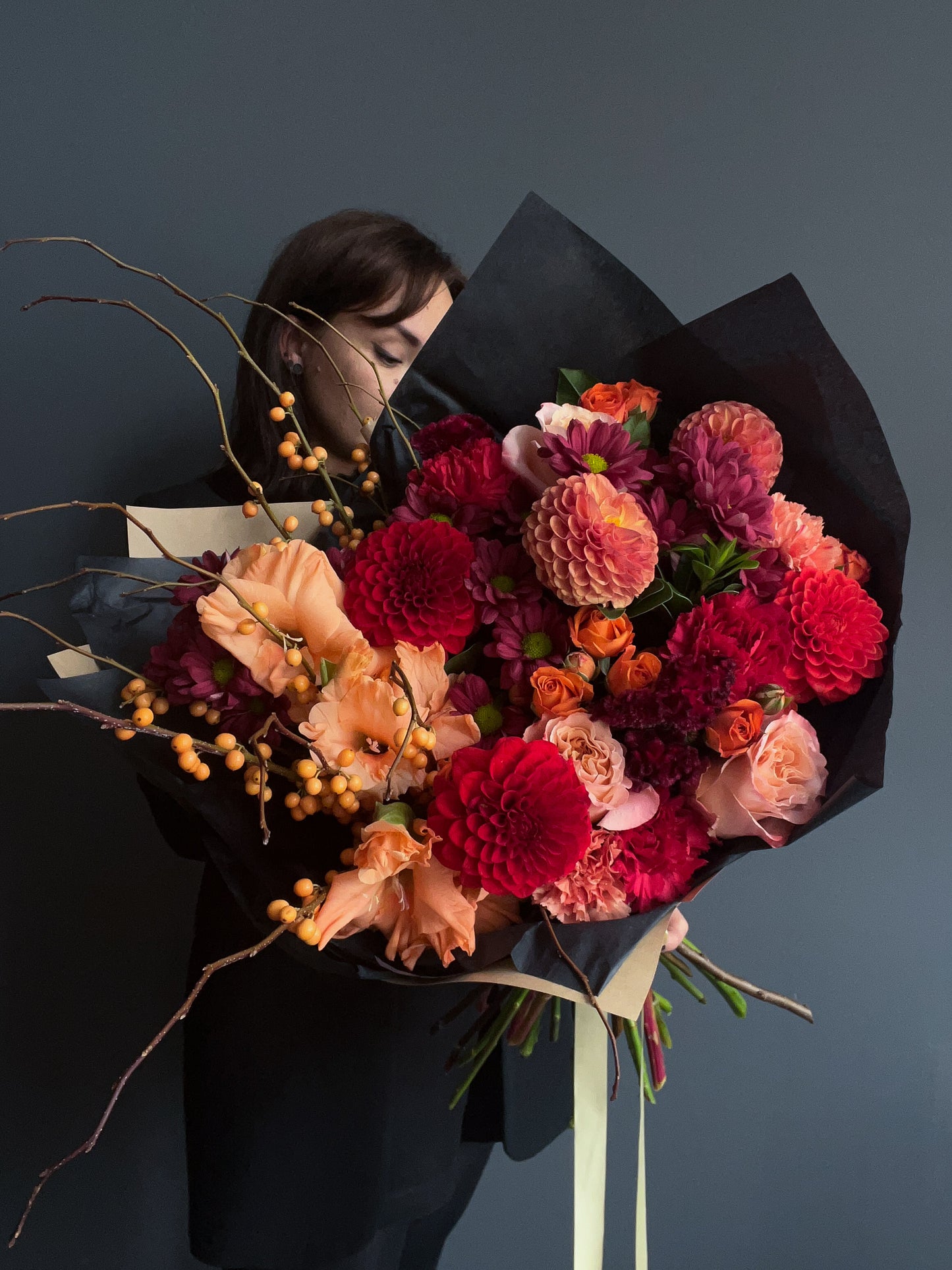 1.THE MAGICIAN - orange gladi, red dahlias, ilex