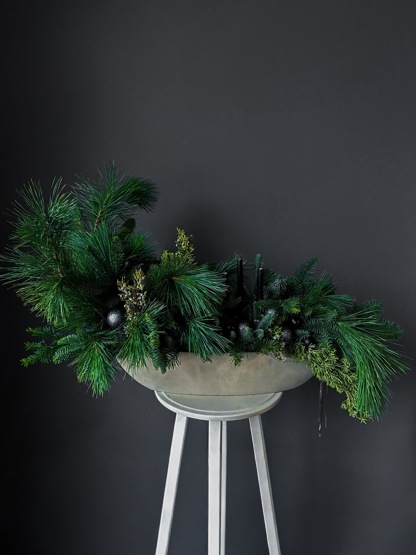 #2 Evergreen Centerpiece with Black Candles