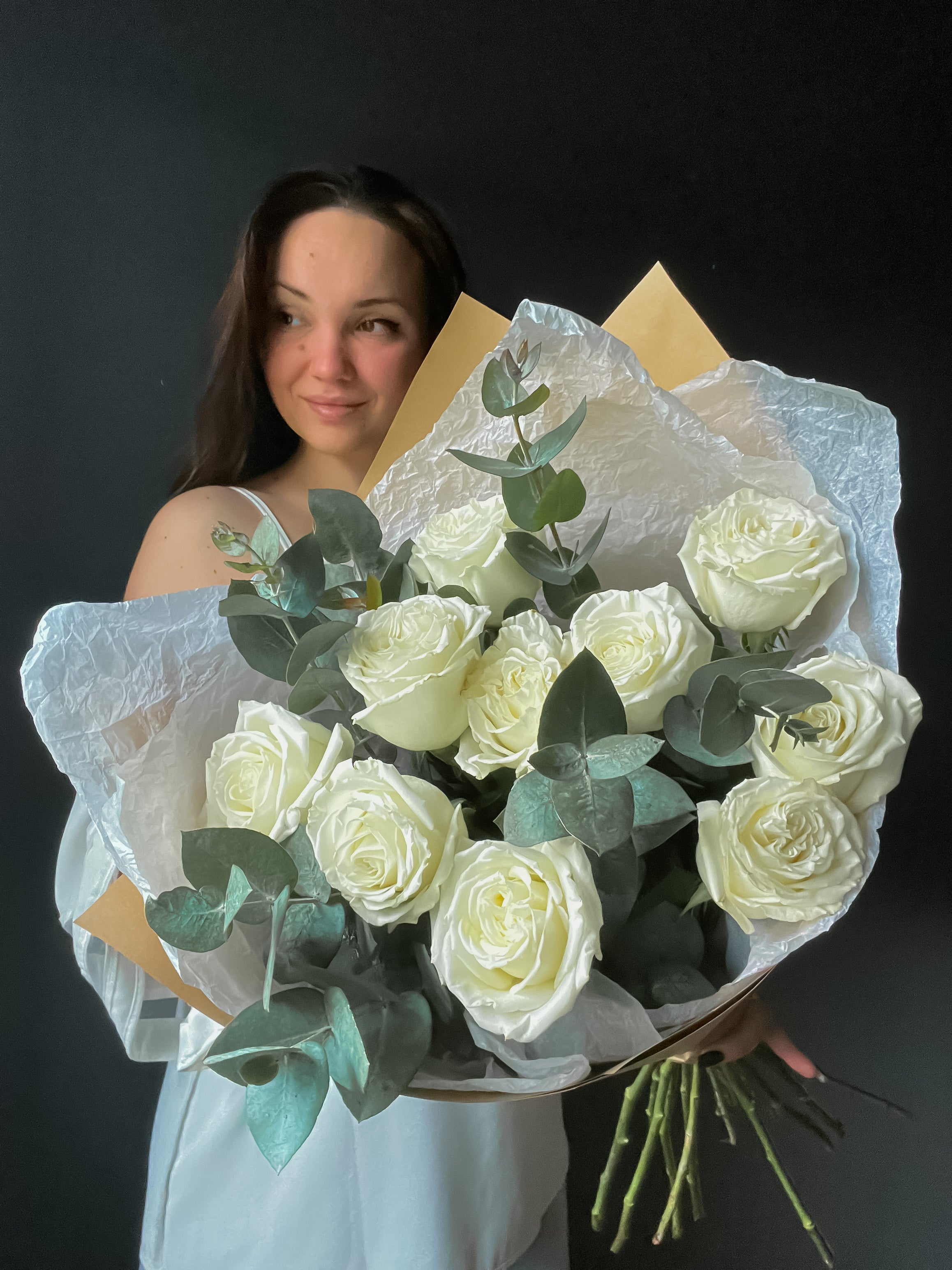 Classic White Roses with Eucaliptus