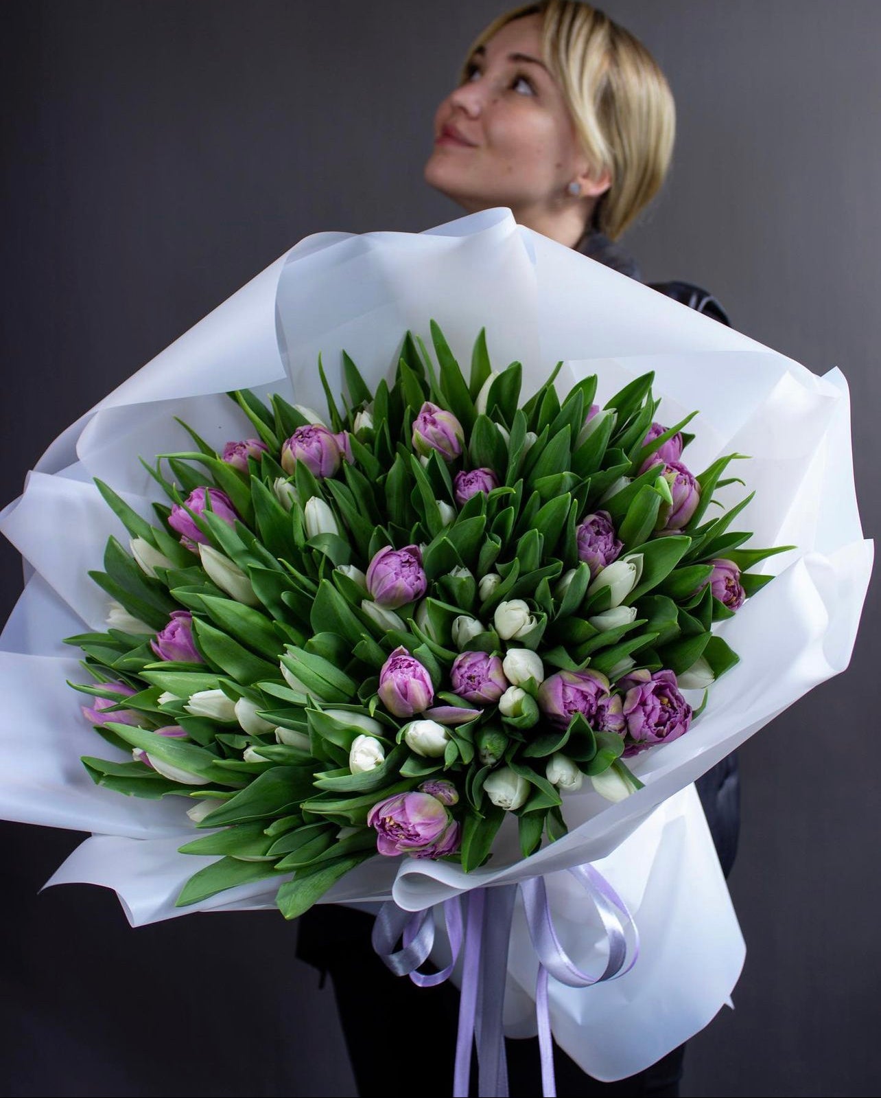 Lavender and white (single) tulips mix 100st