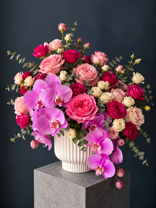 Dior Inspired Floral Arrangement - orchid, peony rose, eucalyptus
