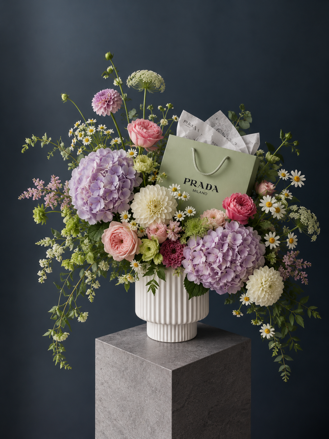 Prada Inspired Floral Arrangement - dahlia, peony roses, matricaria, hydrangea
