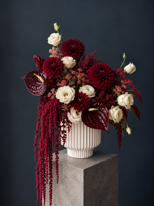 Balenciaga Inspired Floral Arrangement - amaranthus, anthurium, lisianthus, dahlia