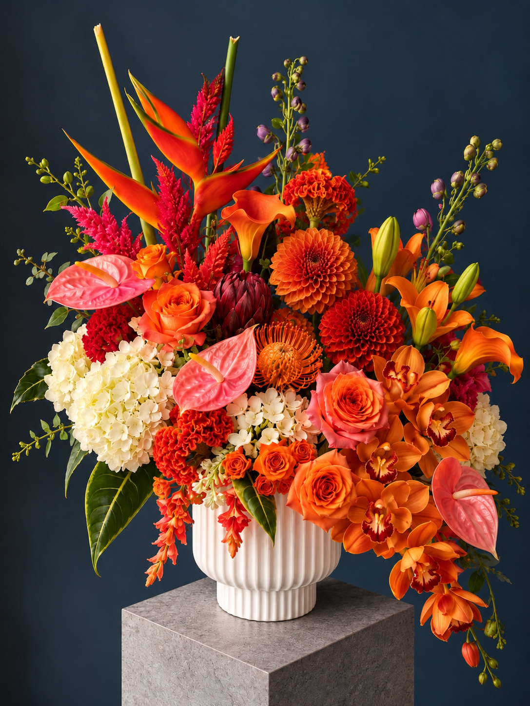 Hermès Inspired Floral Arrangement - heliconia, anthurium, roses, hydrangea, calla