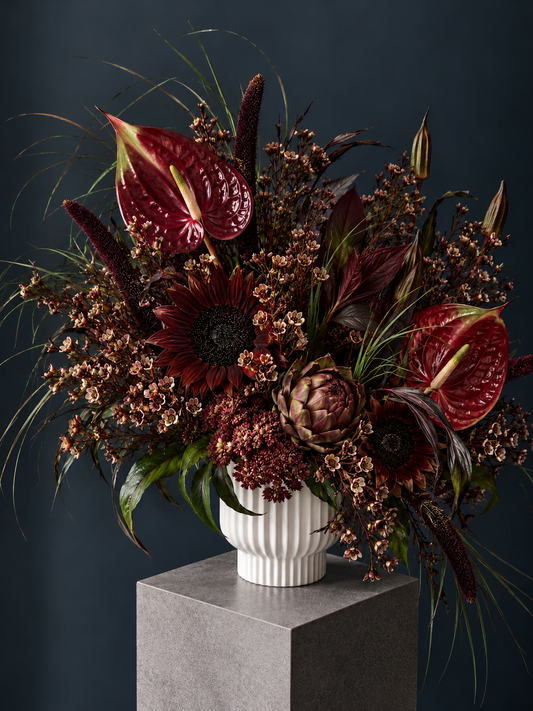 Yves Saint Laurent (YSL) Inspired Floral Arrangement - anthurium, wax, artichoke, black sunflower