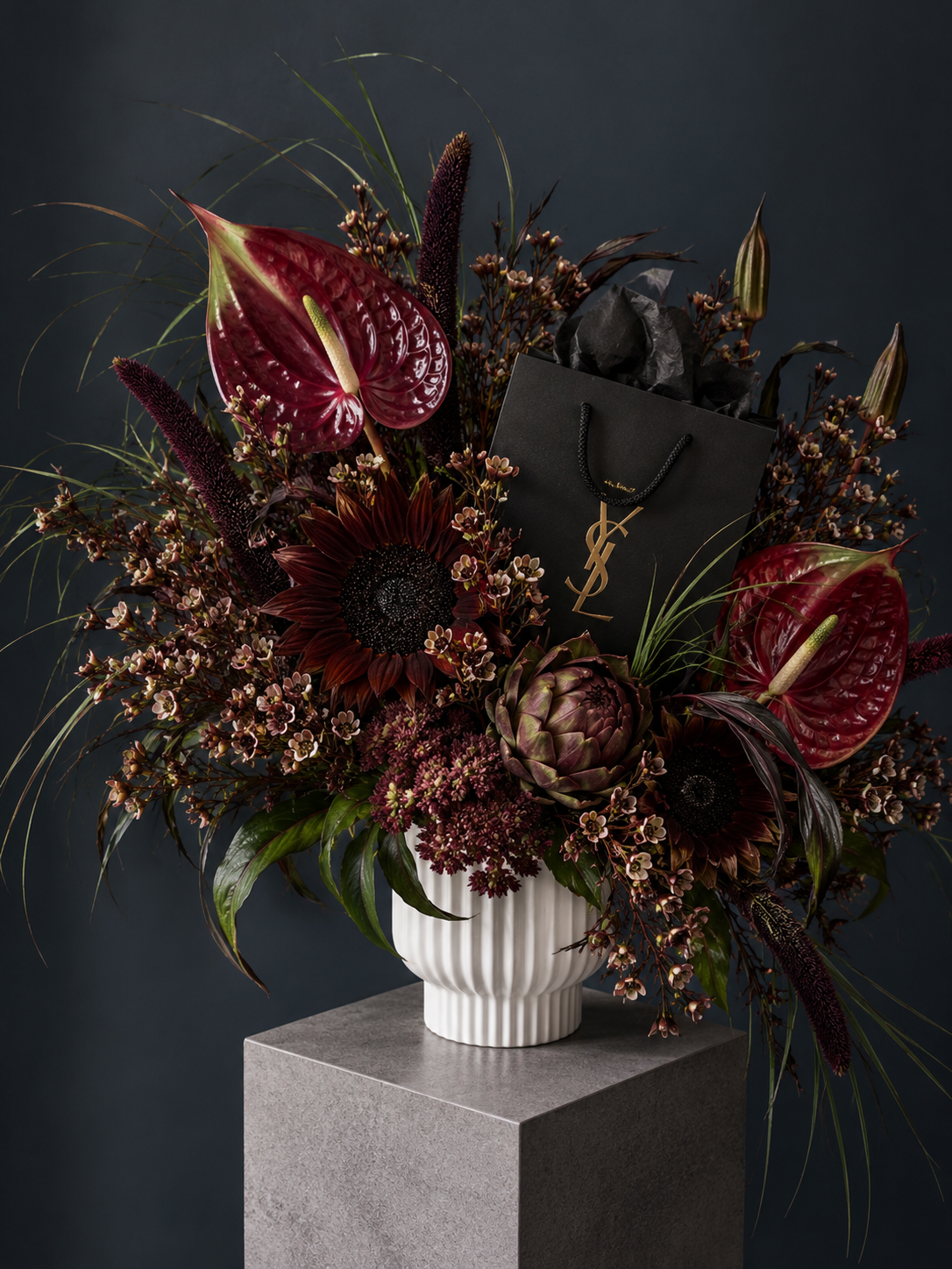 Yves Saint Laurent (YSL) Inspired Floral Arrangement - anthurium, wax, artichoke, black sunflower