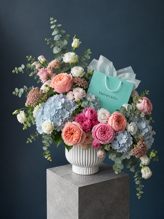 Tiffany & Co. Inspired Floral Arrangement - peony roses, hydrangea, lisianthus, riceflower
