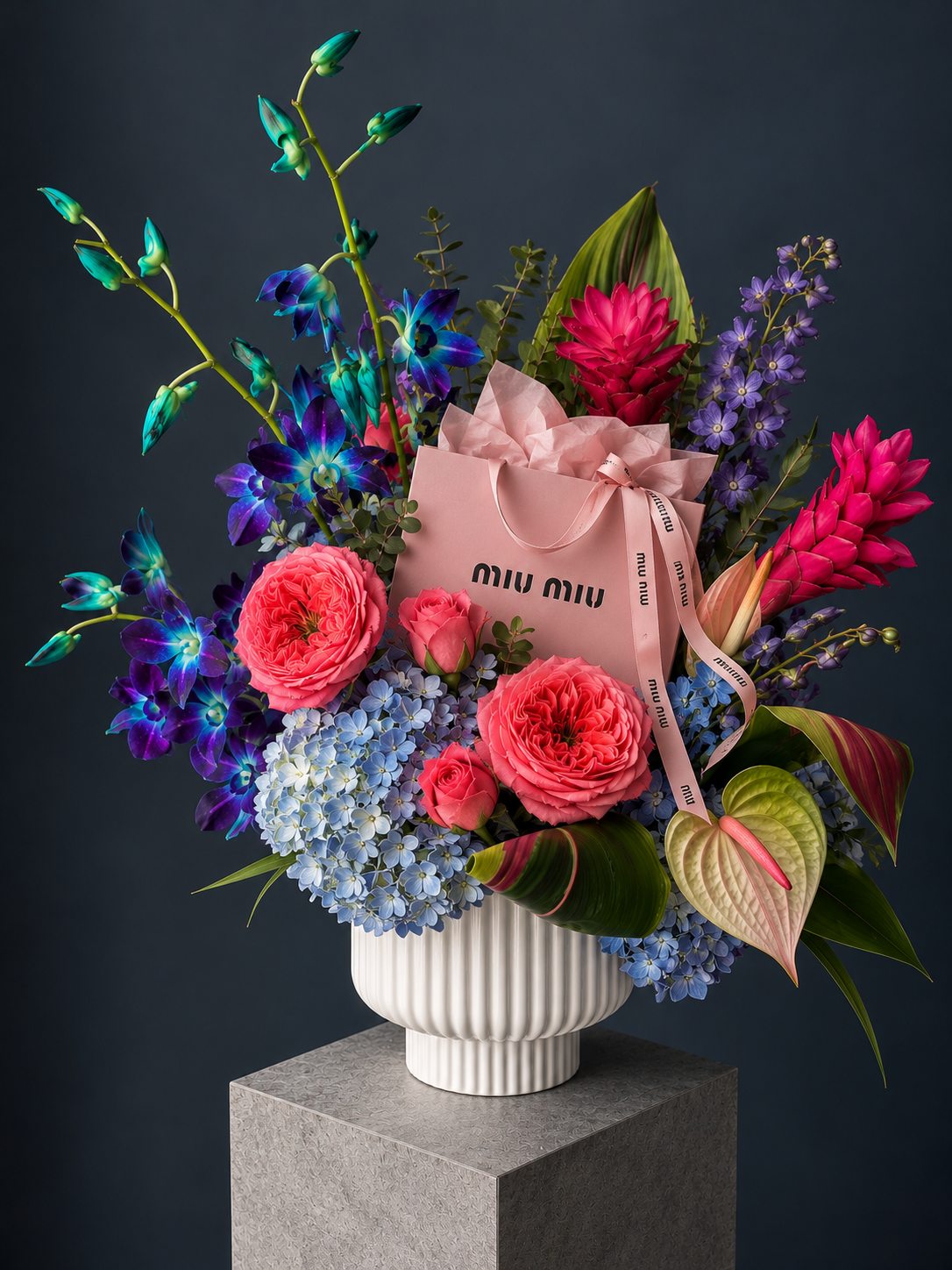 Miu Miu Inspired Floral Arrangement - anthurium, dendrobium, ginger, hydrangea