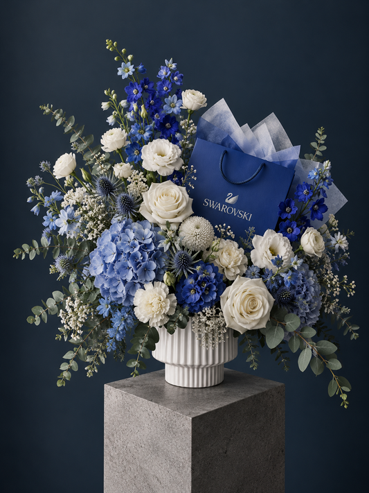Swarovski Inspired Floral Arrangement - hydrangea, rose, eryngium, eucalyptus