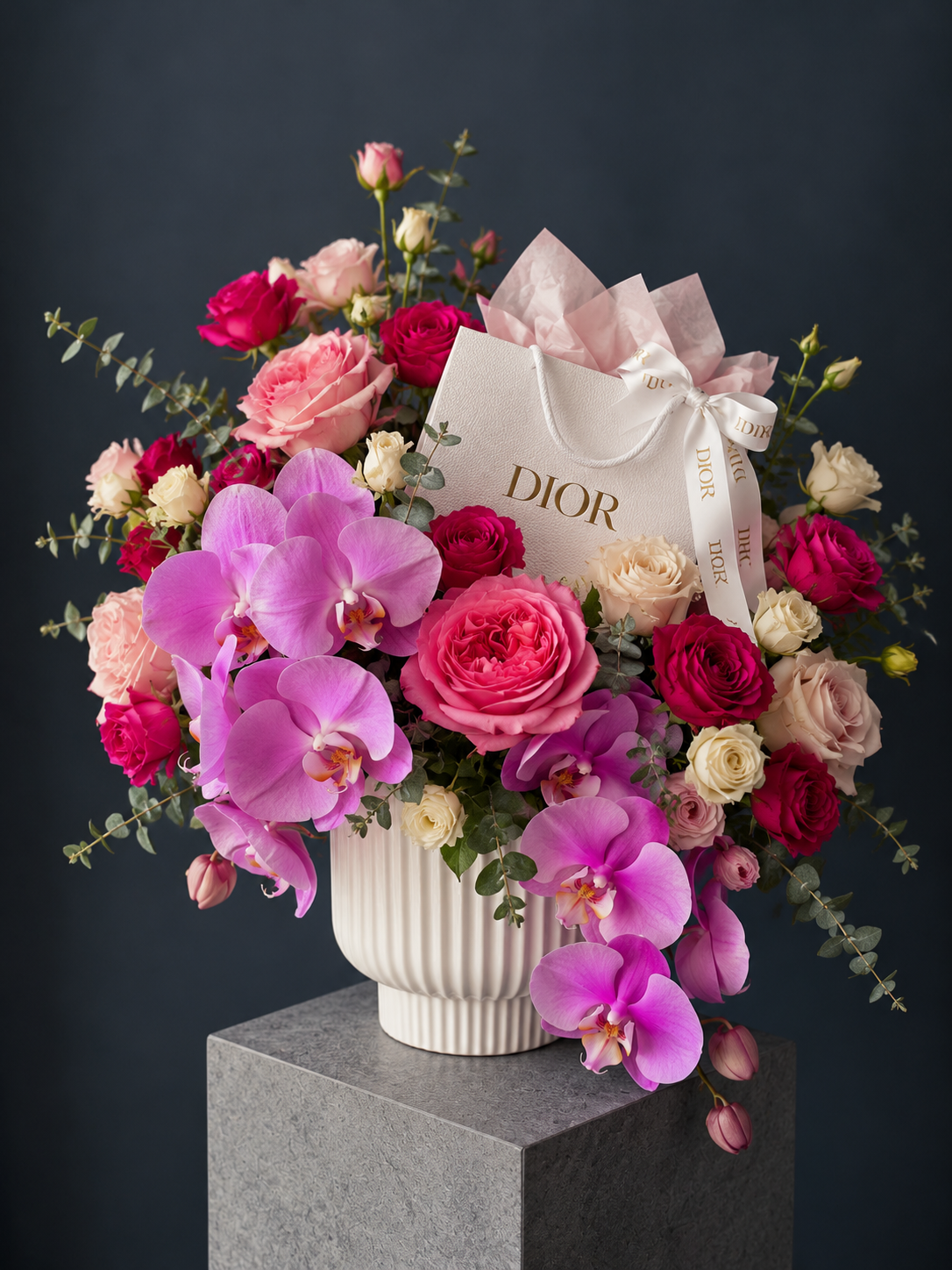 Dior Inspired Floral Arrangement - orchid, peony rose, eucalyptus