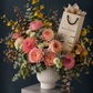 Moët & Chandon Inspired Floral Arrangement - orchid, peony roses, wax, eucalyptus