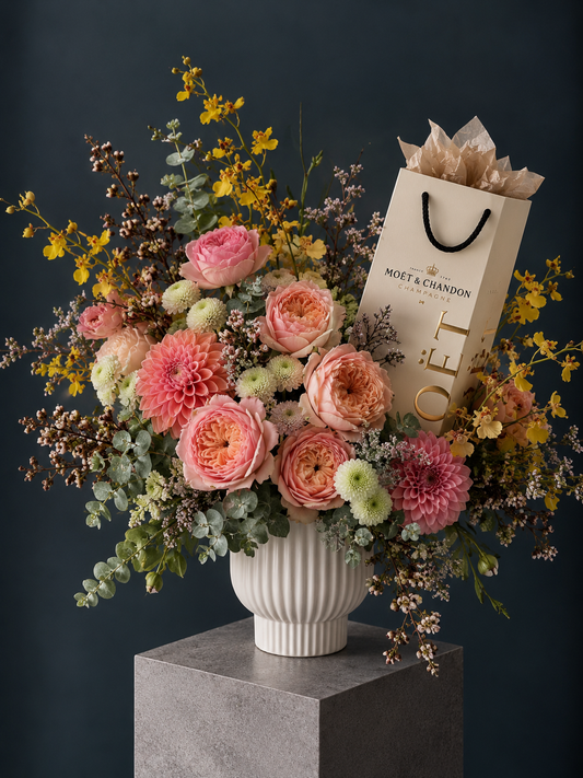 Moët & Chandon Inspired Floral Arrangement - orchid, peony roses, wax, eucalyptus