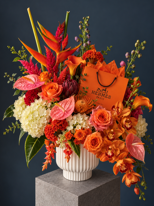 Hermès Inspired Floral Arrangement - heliconia, anthurium, roses, hydrangea, calla