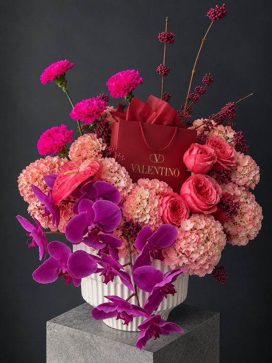 Valentino Inspired Floral Arrangement - hydrangea, orchid, peony roses, carnation