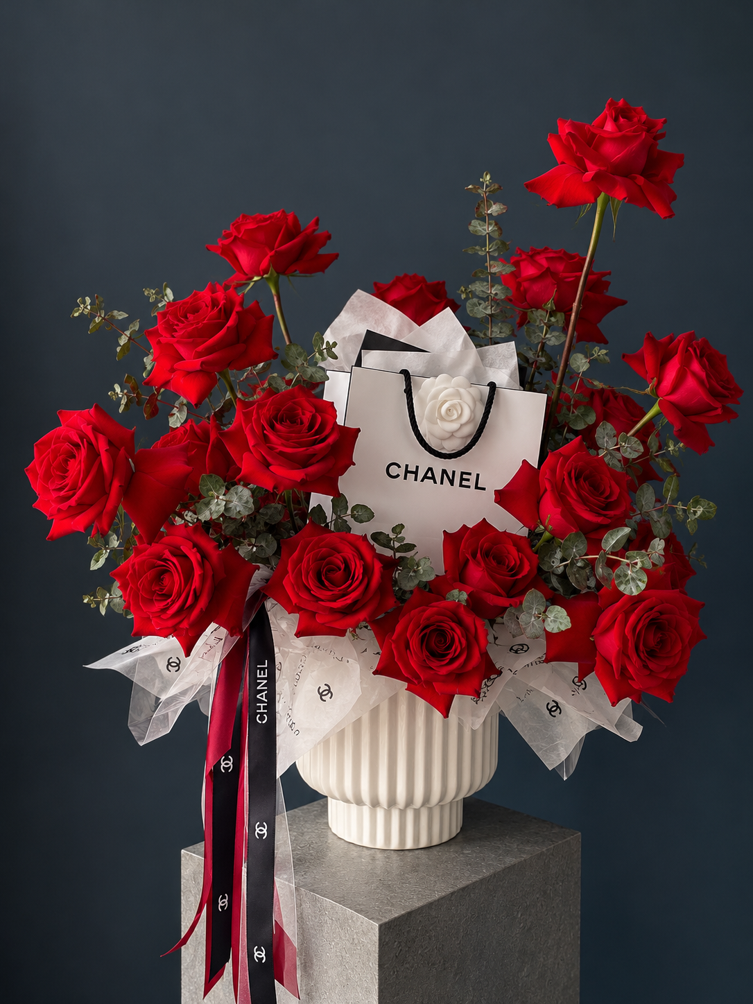 Chanel Inspired Floral Arrangement - french roses, eucalyptus
