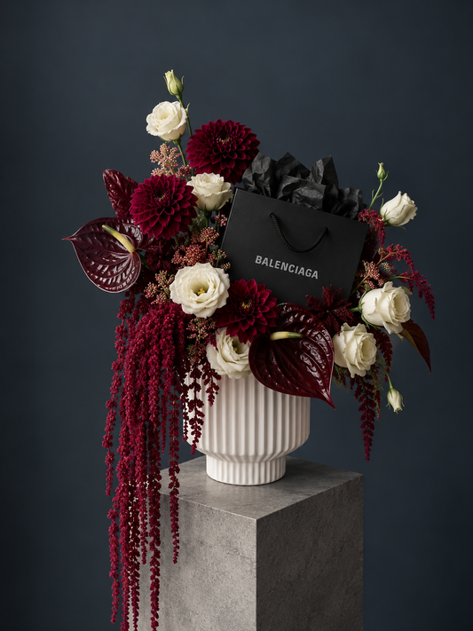 Balenciaga Inspired Floral Arrangement - amaranthus, anthurium, lisianthus, dahlia