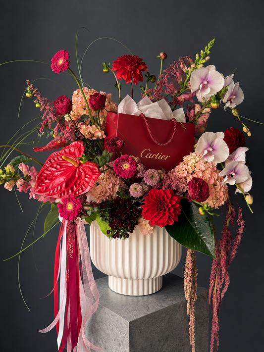 Cartier Inspired Floral Arrangement - anthurium, orchid, dahlia, gerbera