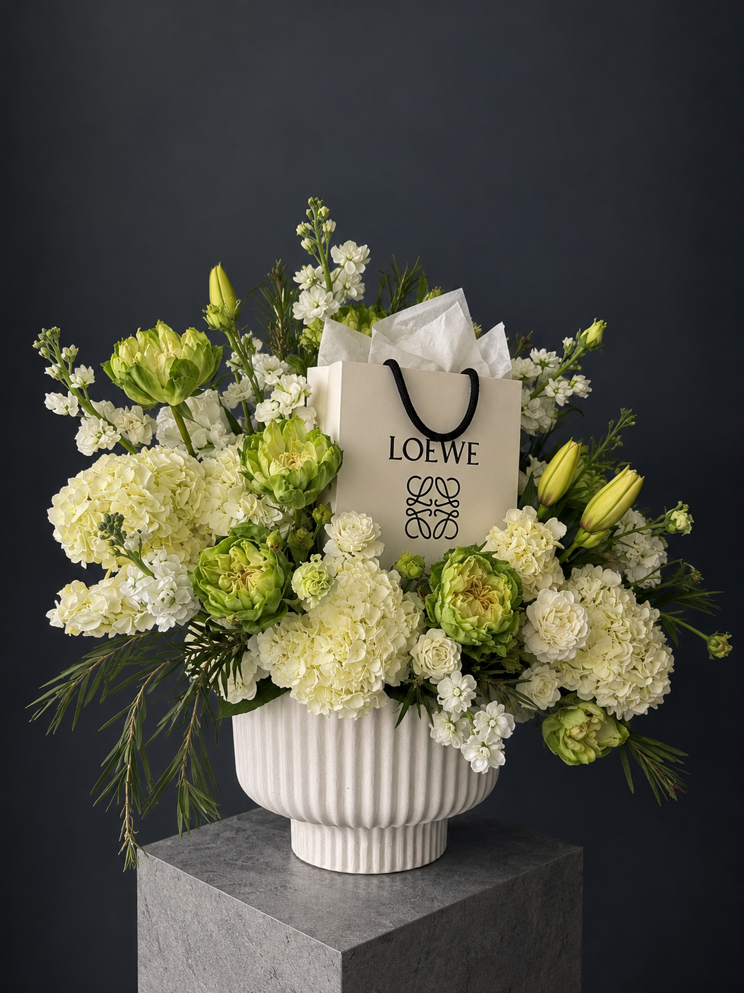 Loewe Inspired Floral Arrangement - hydrangea, Veggi roses, lily, stock