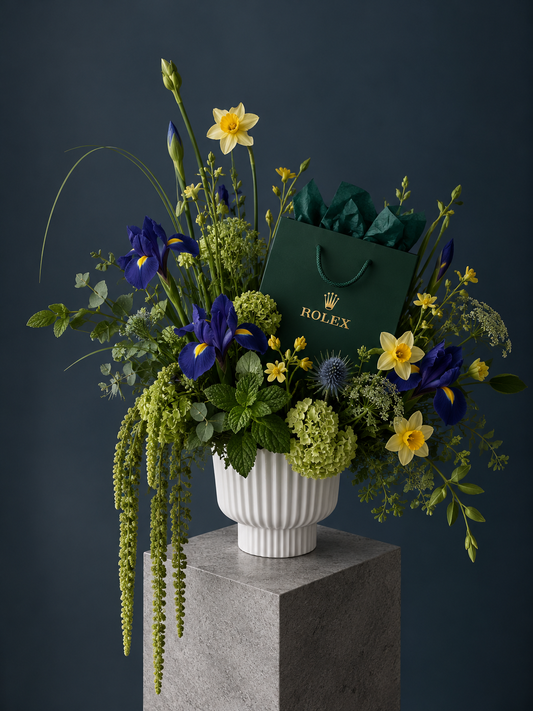 Rolex Inspired Floral Arrangement -iris, amaranthus, daffodil, mint