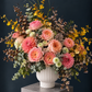 Moët & Chandon Inspired Floral Arrangement - orchid, peony roses, wax, eucalyptus