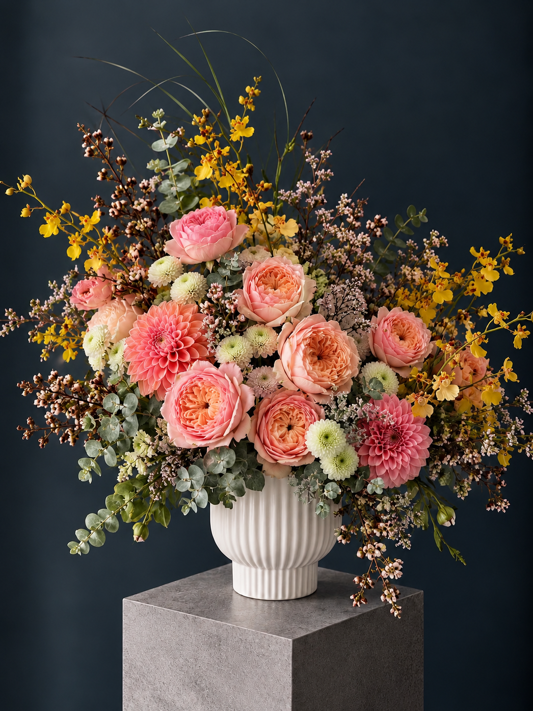 Moët & Chandon Inspired Floral Arrangement - orchid, peony roses, wax, eucalyptus