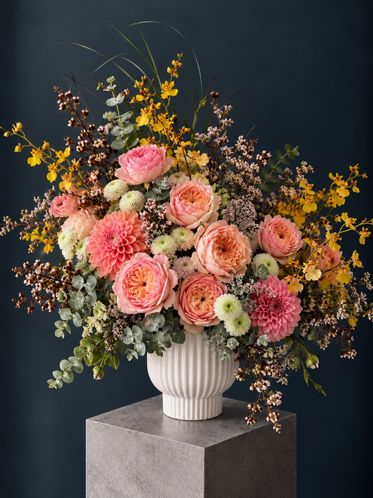 Moët & Chandon Inspired Floral Arrangement - orchid, peony roses, wax, eucalyptus