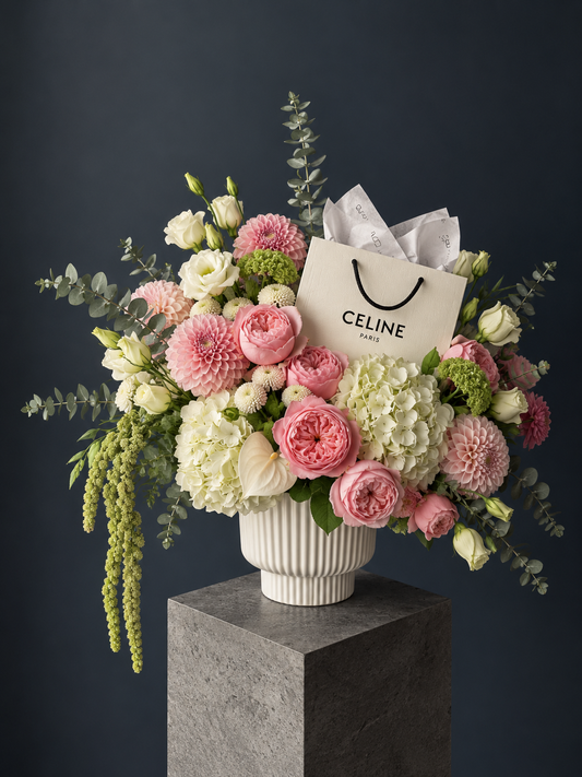 Celine Inspired Floral Arrangement - peony spray rose, dahlia, hydrangea, amaranthus