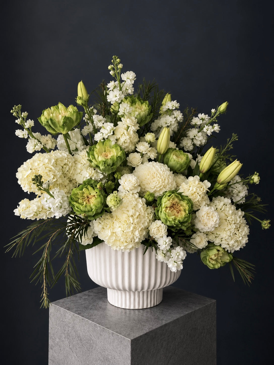 Loewe Inspired Floral Arrangement - hydrangea, Veggi roses, lily, stock