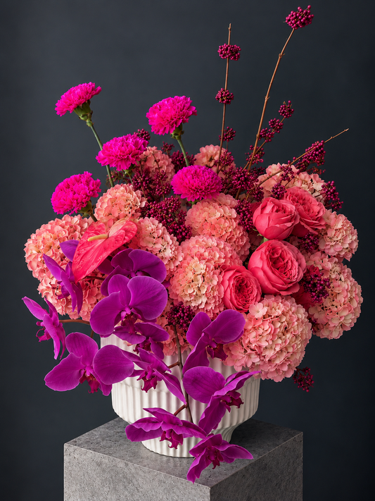 Valentino Inspired Floral Arrangement - hydrangea, orchid, peony roses, carnation