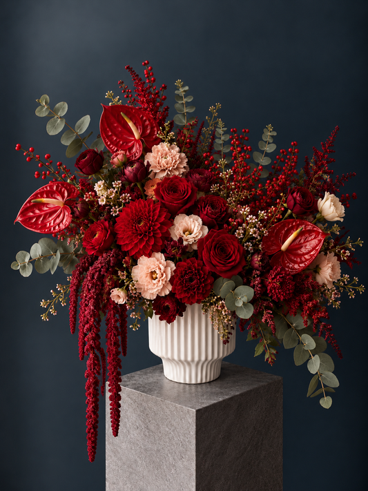 Bvlgari Inspired Floral Arrangement - dahlia, anthurium, amaranthus, eucalyptus