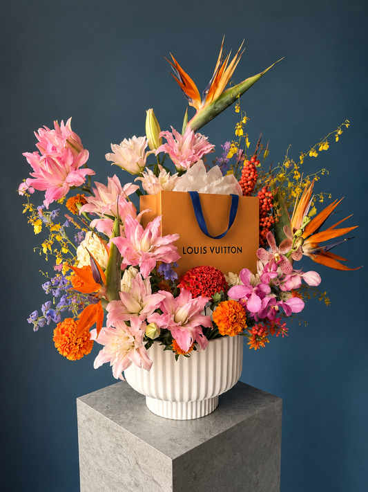 Louis Vuitton Inspired Floral Arrangement - bird of paradise, lilies, orchid, ilex