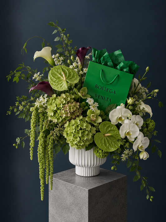Bottega Veneta Inspired Floral Arrangement - calla, hydrangea, amaranthus, anthurium