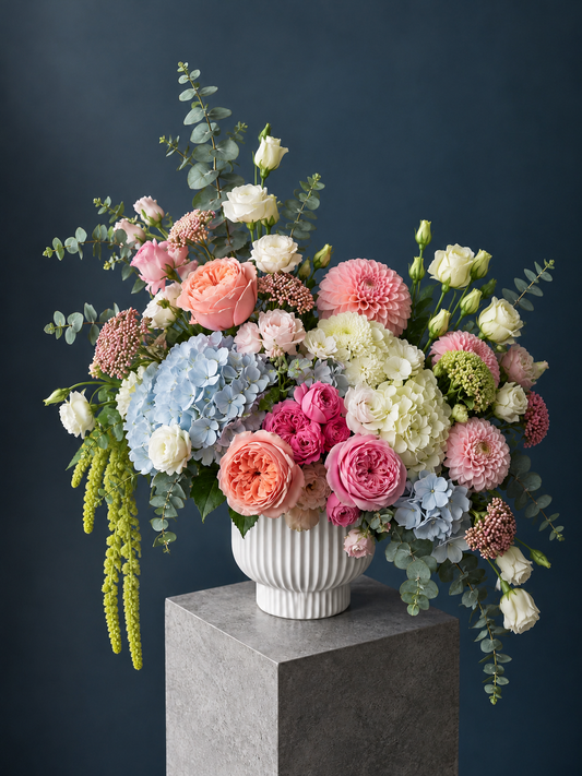 Tiffany & Co. Inspired Floral Arrangement - peony roses, hydrangea, lisianthus, riceflower
