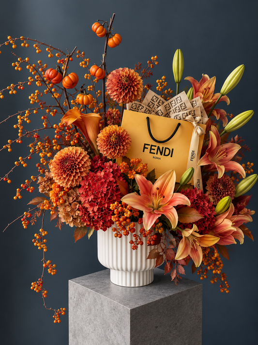 Fendi Inspired Floral Arrangement - lily, hydrangea, dahlia, pumpkin