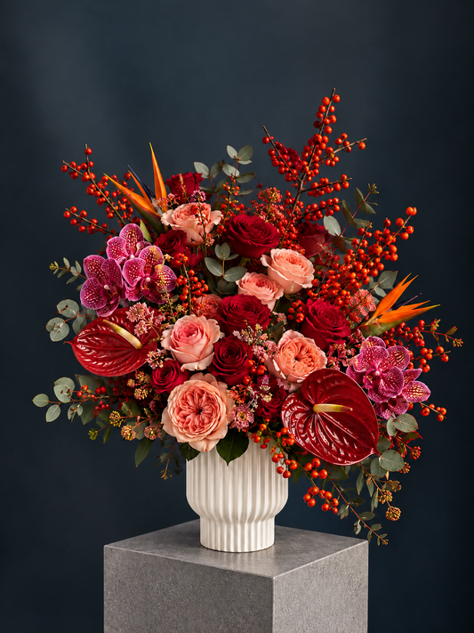 Aritzia Inspired Floral Arrangement - bird of paradise, orchid, peony rose, ilex
