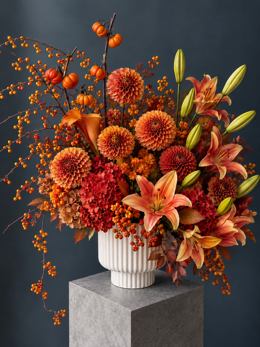 Fendi Inspired Floral Arrangement - lily, hydrangea, dahlia, pumpkin