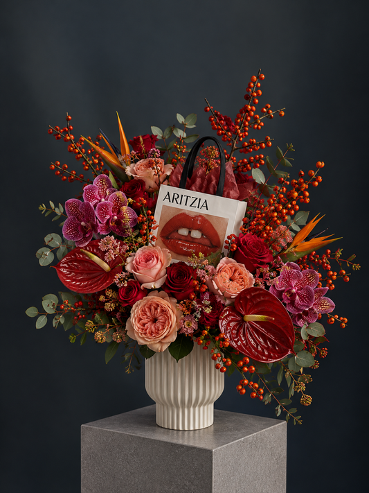 Aritzia Inspired Floral Arrangement - bird of paradise, orchid, peony rose, ilex