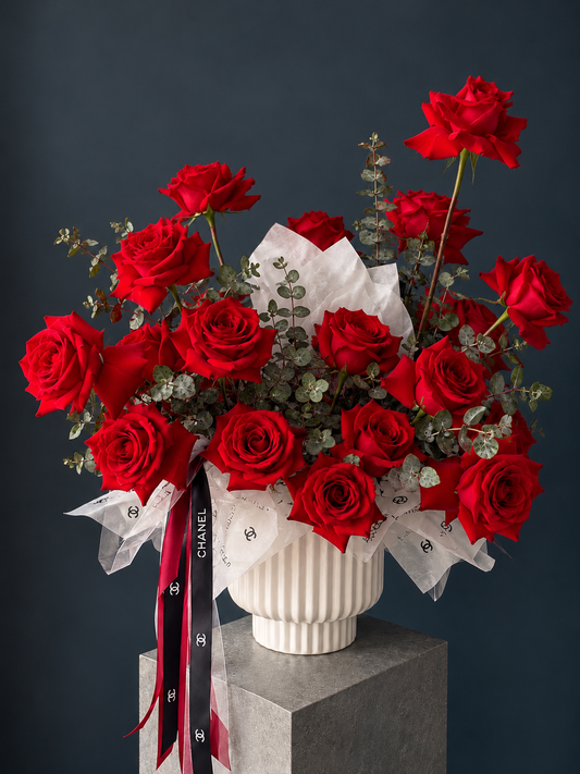 Chanel Inspired Floral Arrangement - french roses, eucalyptus