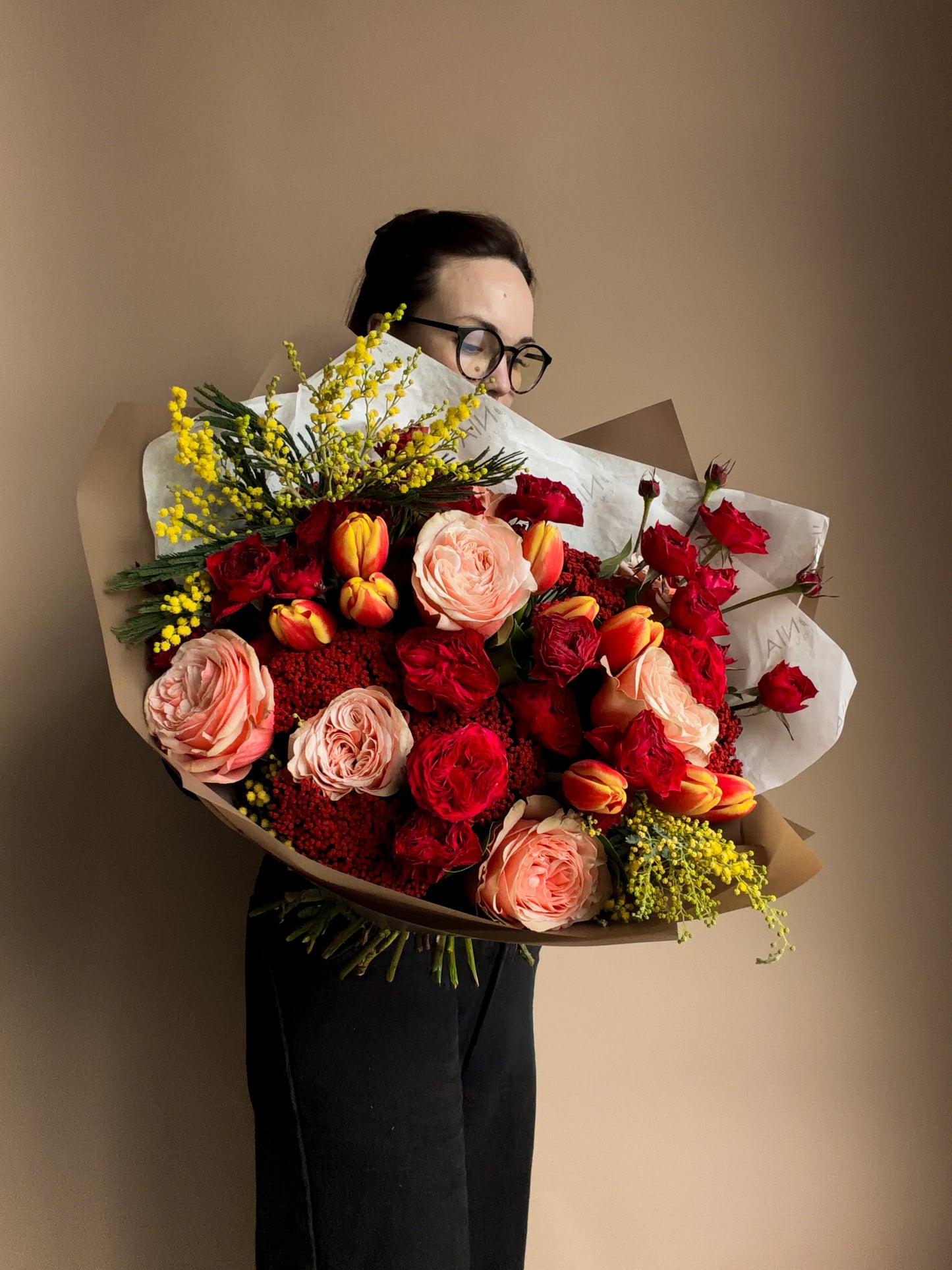 #14 Fiery Garden Bouquet – Roses, Tulips & Mimosa