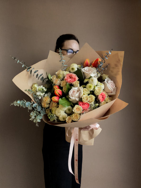 #12 Soft Pastel Garden Bouquet – Roses & Spring Tulips