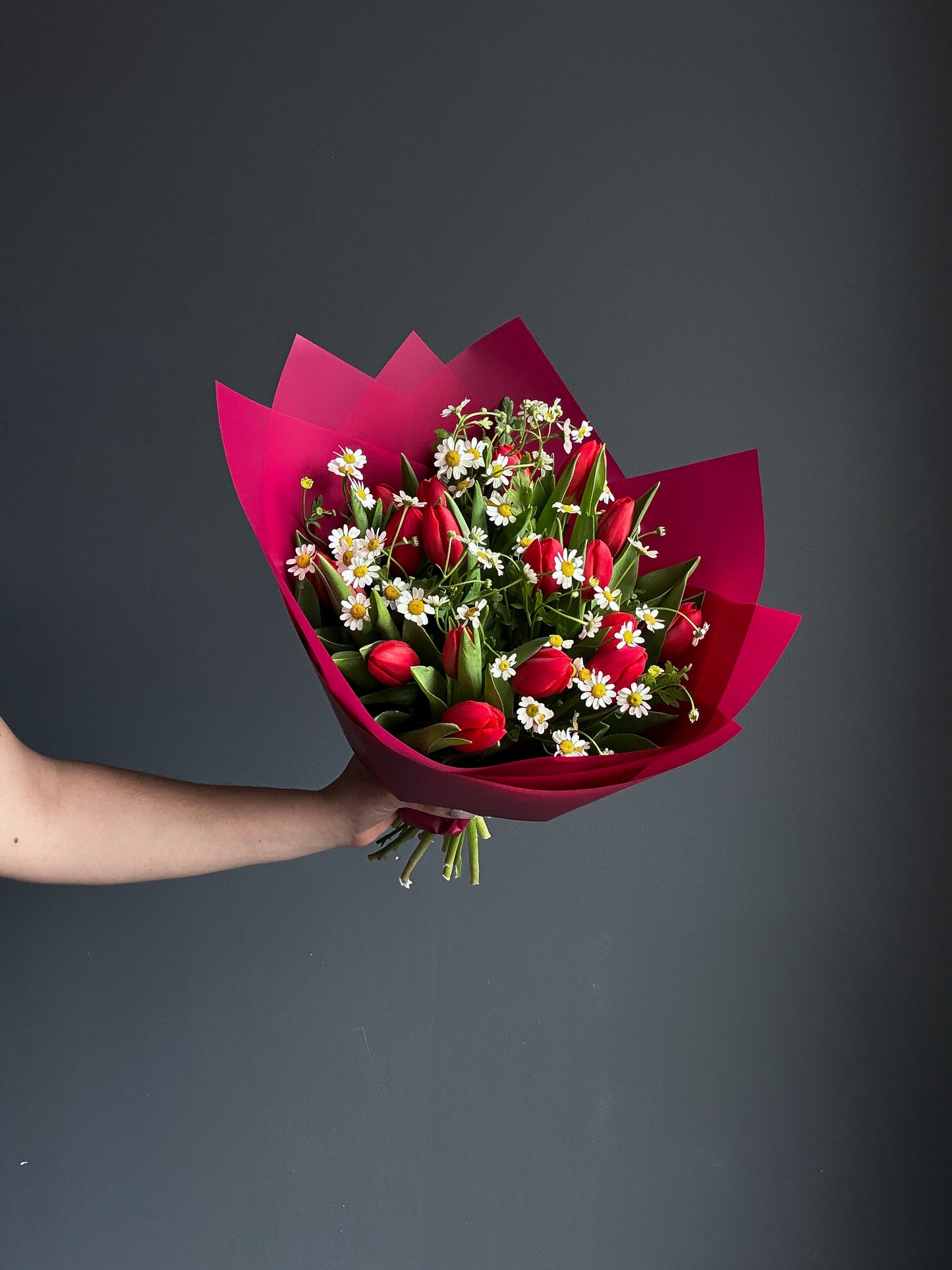 20 Red Tulips + Matricaria