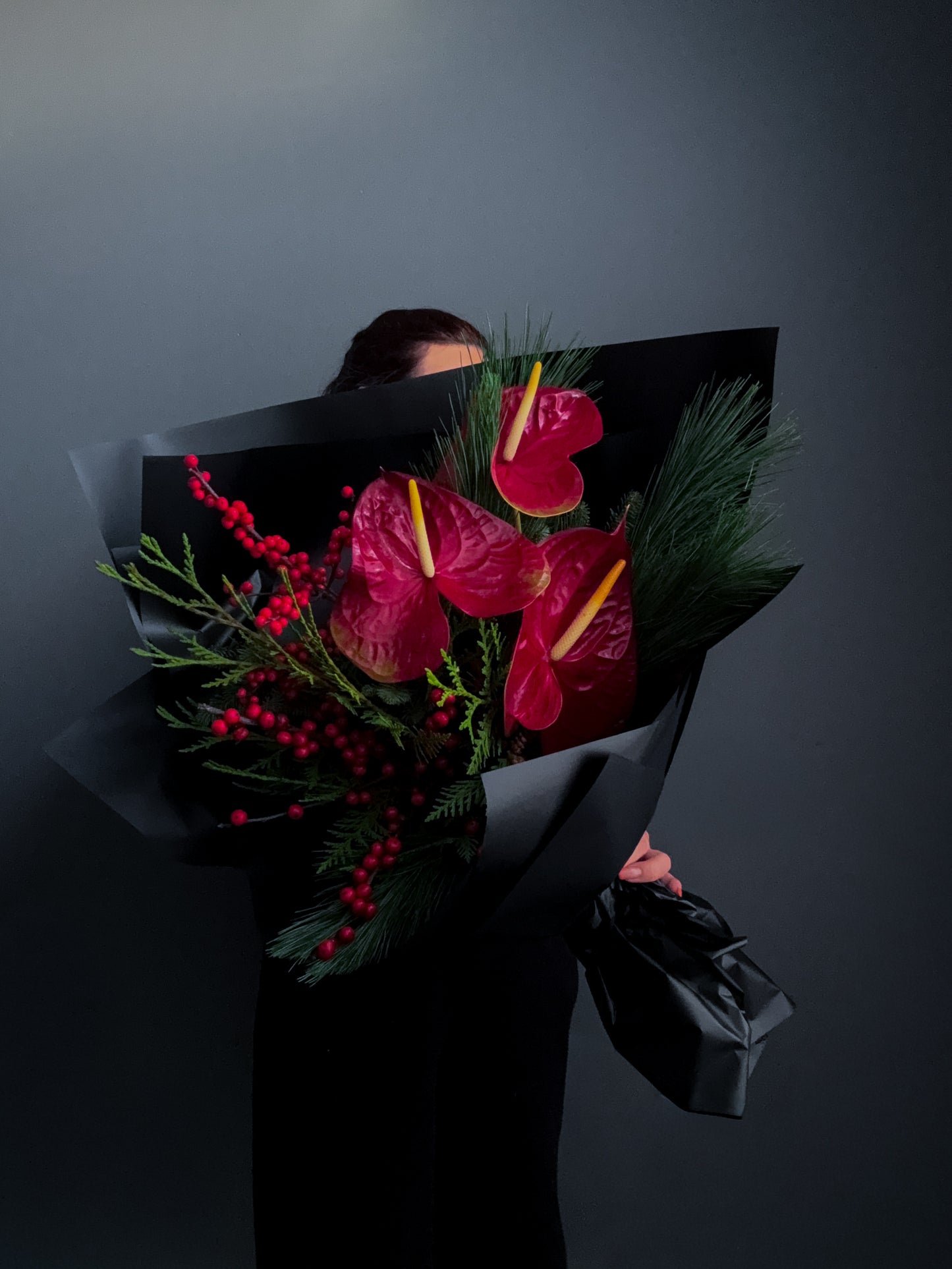 Holiday Bouquet – Red Anthurium & Winter Greens