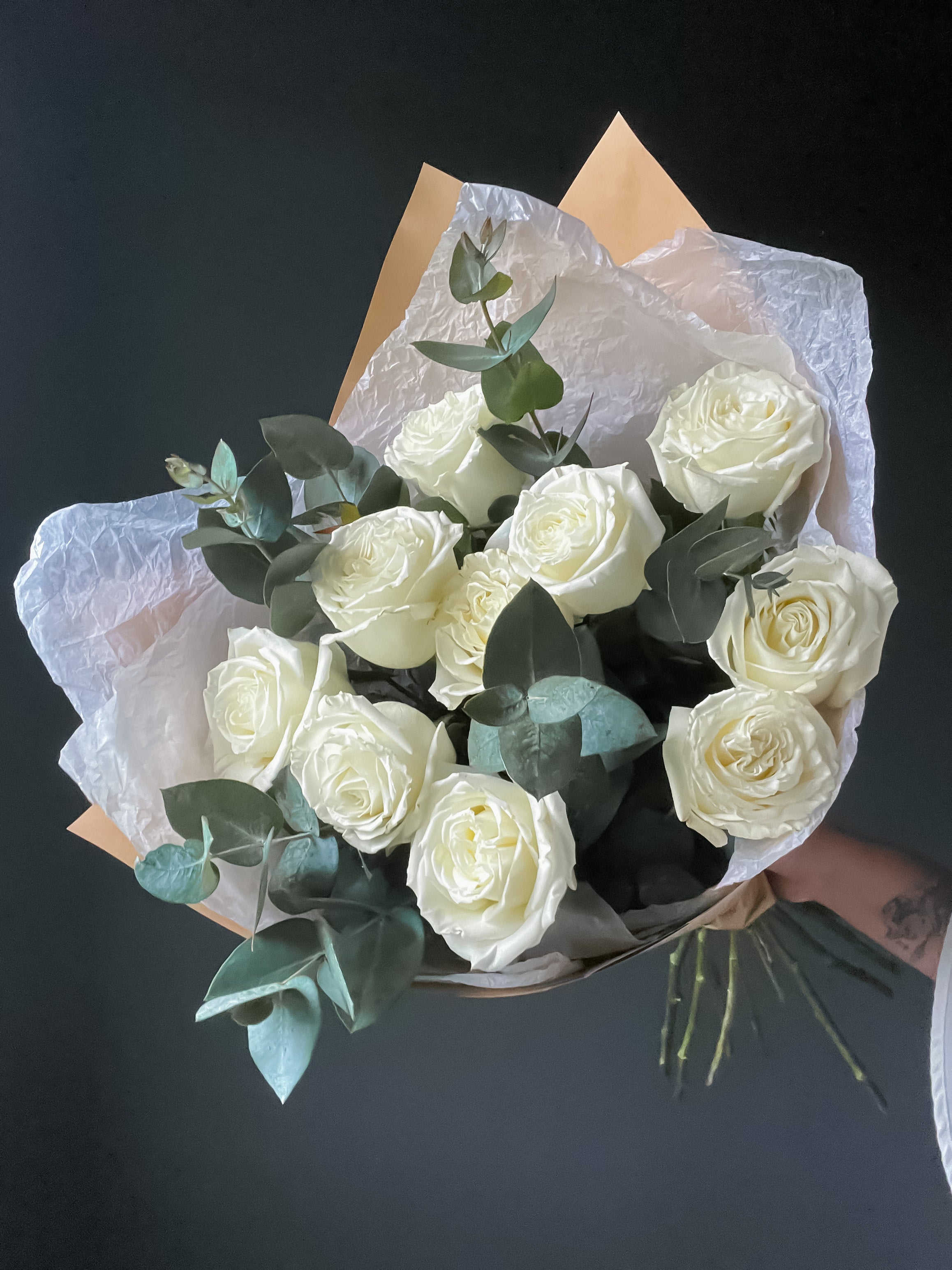 Classic White Roses with Eucaliptus